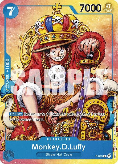 A promo trading card features Monkey D. Luffy from the Straw Hat Crew, grinning and dressed in regal attire with a crown, red cape, and a skull-themed outfit. This Bandai Monkey.D.Luffy (Convention Promo 2024) [One Piece Promotion Cards] boasts a power level of 7000 and a counter of +1000. Special ability: “On Play: Return up to 1 Character with a cost of 3 or less to the