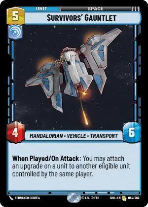 A **Survivors' Gauntlet (064/262) [Shadows of the Galaxy]** game card titled "Survivors' Gauntlet" with a UNIT type of SPACE. It has 5 resources, 4 power, and 6 health. Classified as a Mandalorian vehicle and transport, its special ability allows the player to attach an upgrade to another eligible unit when played or on attack. This product is from Fantasy Flight Games.