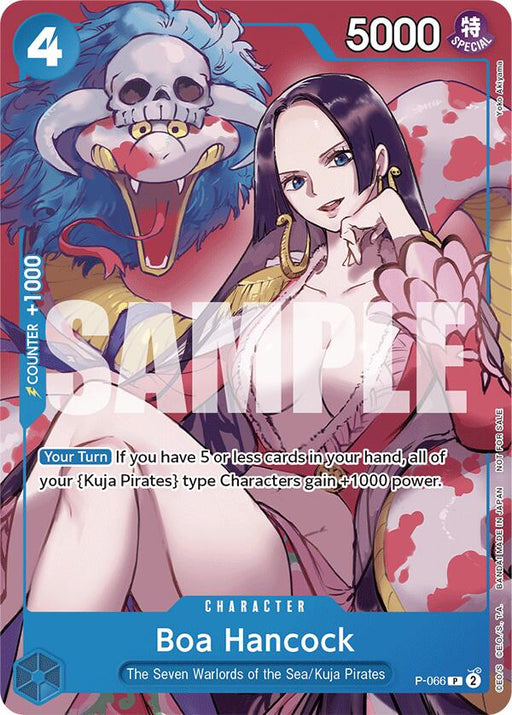 Image of a trading card from Bandai featuring Boa Hancock, a character with long black hair wearing a revealing red and white outfit, seated next to a colorful, lion-like creature. Part of the Sealed Battle 2024 Vol. 2 set highlighting the Kuja Pirates within the One Piece Promotion Cards collection, it boasts a 5000 power level and "Counter +1000" effects.