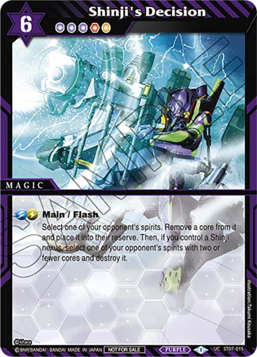 The image shows a trading card titled "Shinji's Decision (Textured Foil) (ST07-015) [Launch & Event Promos]" from Bandai. The card, part of the Launch & Event Promos, features a purple border and an anime-style illustration of a mech in a dynamic pose holding a glowing weapon. Its magic ability suggests removing an opponent's spirit to their reserve and potentially destroying it.