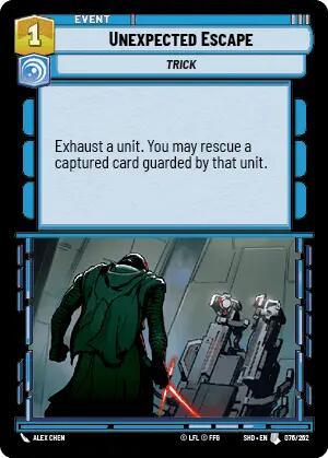 A card from the strategy game *Shadows of the Galaxy* titled "Unexpected Escape (076/262) [Shadows of the Galaxy]" by Fantasy Flight Games features an exhausted unit using a red lightsaber to break restraints on two captured cards. The backdrop includes a dimly lit room with technological devices. This event card is categorized under the trick trait and costs 1 resource.