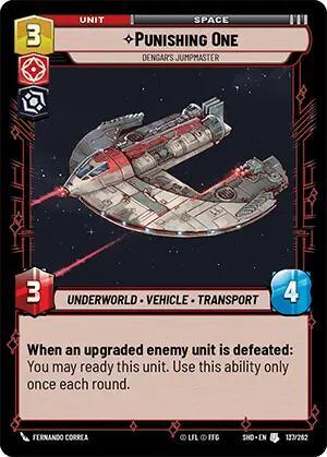 A trading card titled "Punishing One - Dengar's Jumpmaster (137/262) [Shadows of the Galaxy]" by Fantasy Flight Games featuring an image of a spacecraft from Shadows of the Galaxy named "Dengar's Jumpmaster." The card has a unit value of 3, space category, and details 3 attack and 4 defense. It includes abilities of "underworld" and "vehicle/transport," with special text describing readying the unit.