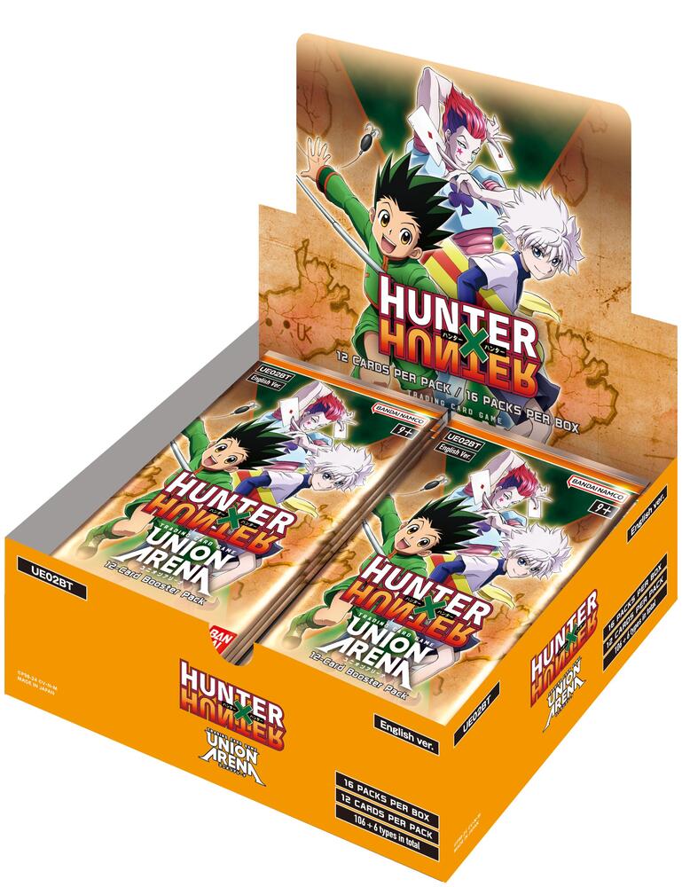 The image showcases a display box of Hunter x Hunter trading cards from GameGenic's Union Arena series. The box features dynamic character artwork and bold text on the lid. It includes multiple booster packs, each labeled with the series and brand logos, set against a gradient background.