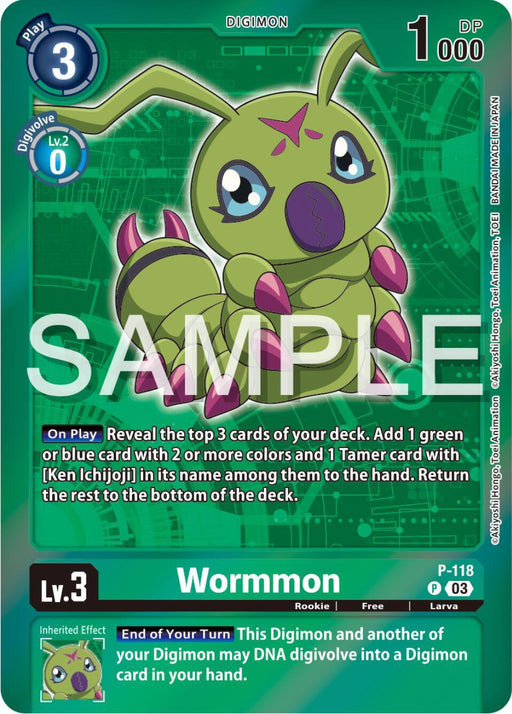 A Promo Digimon card featuring Wormmon [P-118] (Digimon Adventure Box 2024) [Promotional Cards]. The card, numbered P-118 with a level of 3, depicts the green, caterpillar-like creature with purple eyes. The text details special abilities like revealing cards from your deck and Digivolution options. It has green borders and a "SAMPLE" watermark, typical of Promotional Cards.