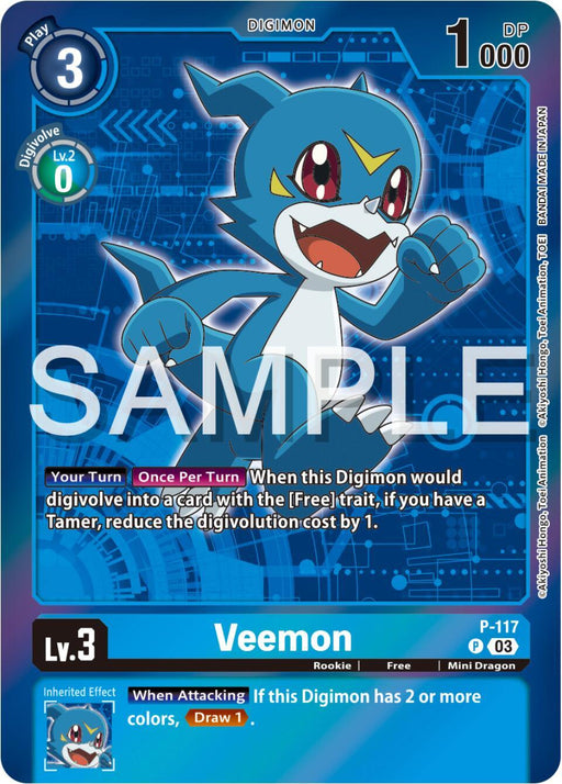 A Digimon promotional card featuring Veemon. Veemon is a blue, dragon-like creature with large red eyes, a white snout, front torso, arms, and legs, wearing a V-shaped forehead mark. The promo card shows its stats: Level 3, 3 play cost, Digivolve cost of 0 from level 2, and 1000 DP. The card includes Veemon [P-117] (Digimon Adventure Box 2024) [Promotional Cards] from Digimon.