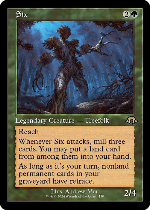 A Magic: The Gathering card titled "Six (Retro) [Modern Horizons 3]" from Magic: The Gathering. It has green borders and features a Treefolk creature standing in a mystical forest. This 2/4 Legendary Creature with Reach has abilities related to milling cards and playing lands. Illustrated by Andrew Mar.