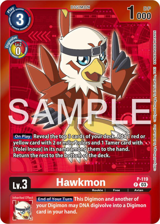 A promotional card features a bird-like Digimon named Hawkmon with a red background. Hawkmon is flying with its wings spread out and is wearing a headband. The card text reads: "End of Your Turn, this Digimon and another of your Digimon may DNA digivolve into a Digimon card in your hand." The product is named Hawkmon [P-119] - P-119 (Digimon Adventure Box 2024) [Promotional Cards] from the brand Digimon.