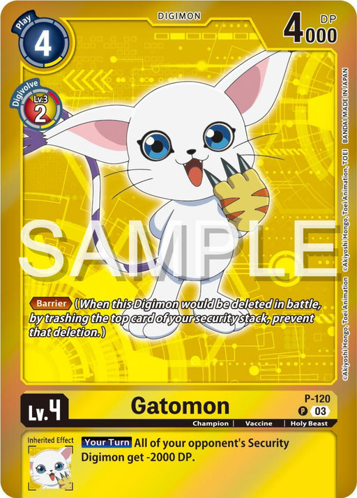 A Digimon promotional card featuring Gatomon [P-120] - P-120 (Digimon Adventure Box 2024) [Promotional Cards], a white Holy Beast creature with large blue eyes and purple-tipped ears and tail. The card has a yellow background, detailing Gatomon's abilities, level 4 status, and in-game effects, including reducing opponent's Digimon DP by 2000.