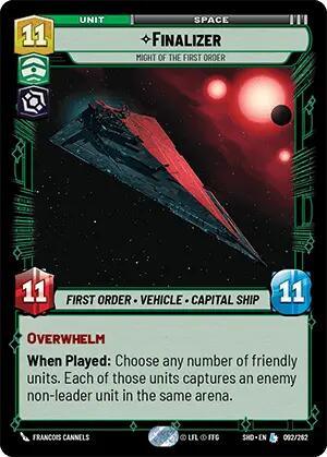 A Fantasy Flight Games Finalizer - Might of the First Order (092/262) [Shadows of the Galaxy] trading card features a menacing starship with a red hull against a space backdrop. The card's stats include "11" for attack and defense, boasts an "Overwhelm" ability, and affiliation with the First Order.