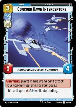 A trading card titled "Concord Dawn Interceptors (042/262) [Shadows of the Galaxy]" from Fantasy Flight Games features sleek, futuristic spacecraft in space. With a power value of three, the card has attributes: one damage, four health, and a special ability called "Sentinel." The "*Mandalorian * Vehicle * Fighter" unit buffs defense.