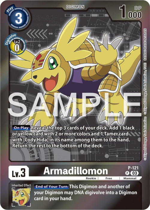An Armadillomon [P-121] (Digimon Adventure Box 2024) [Promotional Cards] from the Digimon trading card game with a purple border. Armadillomon is a yellow, armored, quadrupedal creature with green eyes and red horn-like structures. This promo card's details include play cost, DP, level, type, effects including DNA digivolve, and more. "SAMPLE" is watermarked over the card.