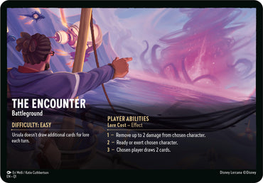 A dramatic scene unfolds on a ship with vibrant pink and purple swirls in the sky. A character in a purple coat points towards the horizon, hinting at looming Deep Trouble. Game information is displayed, including the title "The Encounter // A Dark Realm - Battleground (Oversized) [Illumineer's Quest: Deep Trouble]" and player abilities, suggesting a strategic game setting by Disney.