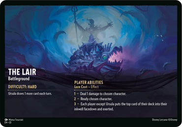 A Disney Lorcana trading card titled "The Lair // Infinite Wrath - Battleground (Oversized)" from the Illumineer's Quest: Deep Trouble series features a dark, underwater scene with Ursula, the sea witch, emerging from the murky depths. In the foreground, a sinister eel-like creature with sharp teeth looms. The card details include difficulty "Hard" and various player abilities and effects.