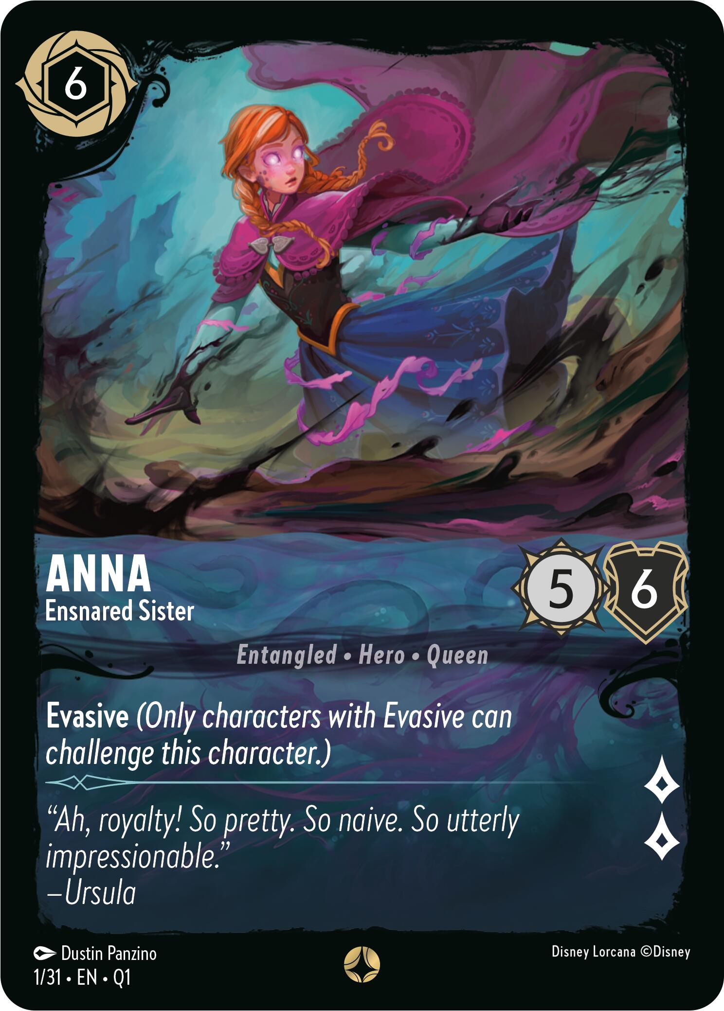 The Disney Lorcana trading card from Illumineer's Quest: Deep Trouble featuring Anna is titled 