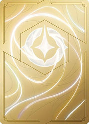 A golden card back featuring an abstract design with elegant, swirling white lines. In the center, a hexagonal shape encloses a stylized, four-pointed star. The smooth, luminous appearance evokes a sense of light and magic, making it perfect for any adventurer on Disney's Illumineer's Quest: Deep Trouble - Mad Hatter (Sinister Host) [10/31].