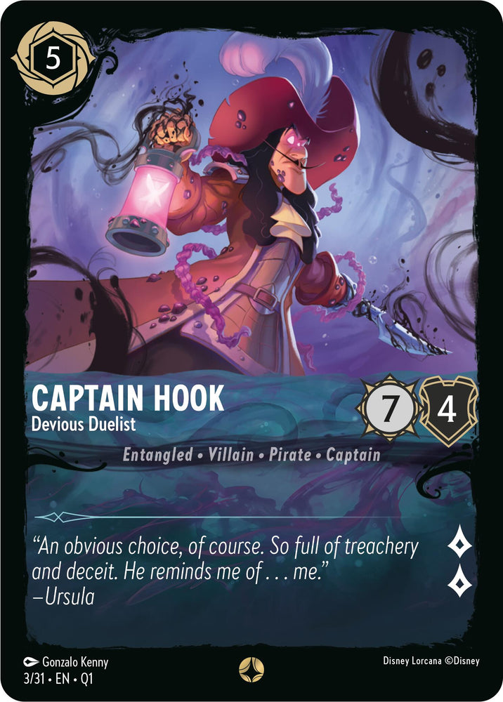 A Disney Lorcana card named "Captain Hook - Devious Duelist (3/31) [Illumineer's Quest: Deep Trouble]" features Captain Hook, a character donned with a large hat and hooked hand, wielding a sword while holding a lantern. The card displays stats: cost of 5, power of 7, and willpower of 4. Text reads, "An obvious choice for Devious Duelist. So full of treachery and deceit. He reminds me of...me.