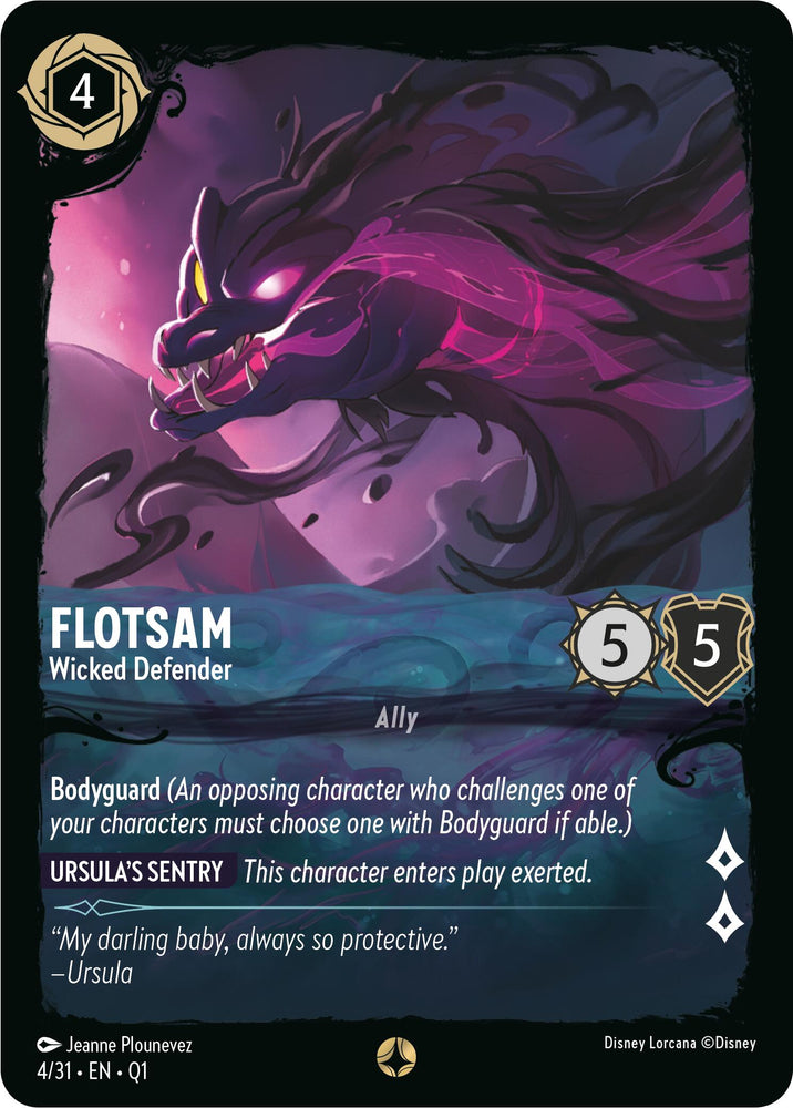 A Disney Lorcana card, "Flotsam - Wicked Defender (4/31) [Illumineer's Quest: Deep Trouble]," depicts an eel-like creature with glowing pink eyes and jagged teeth lurking in dark waters. It costs 4 ink and has stats of 5 strength and 5 willpower, featuring abilities such as Bodyguard and Ursula's Sentry. The flavor text reads: "My darling baby, always so protective." – Ursula.