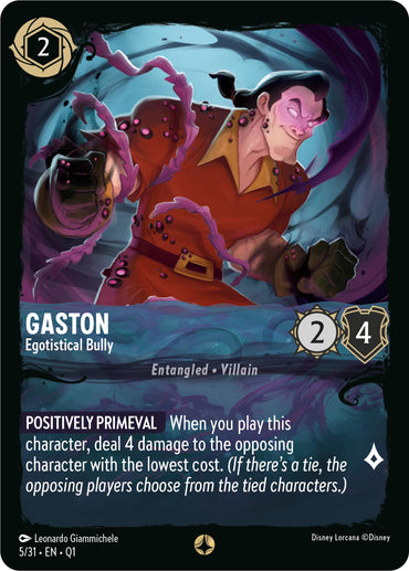 A Disney Lorcana trading card titled "Gaston - Egotistical Bully (5/31)" from the Illumineer's Quest: Deep Trouble series. With a cost of 2, it has 2 attack points and 4 defense points. The card's special ability, "Positively Primeval," inflicts 4 damage to the opposing character with the lowest cost when played.