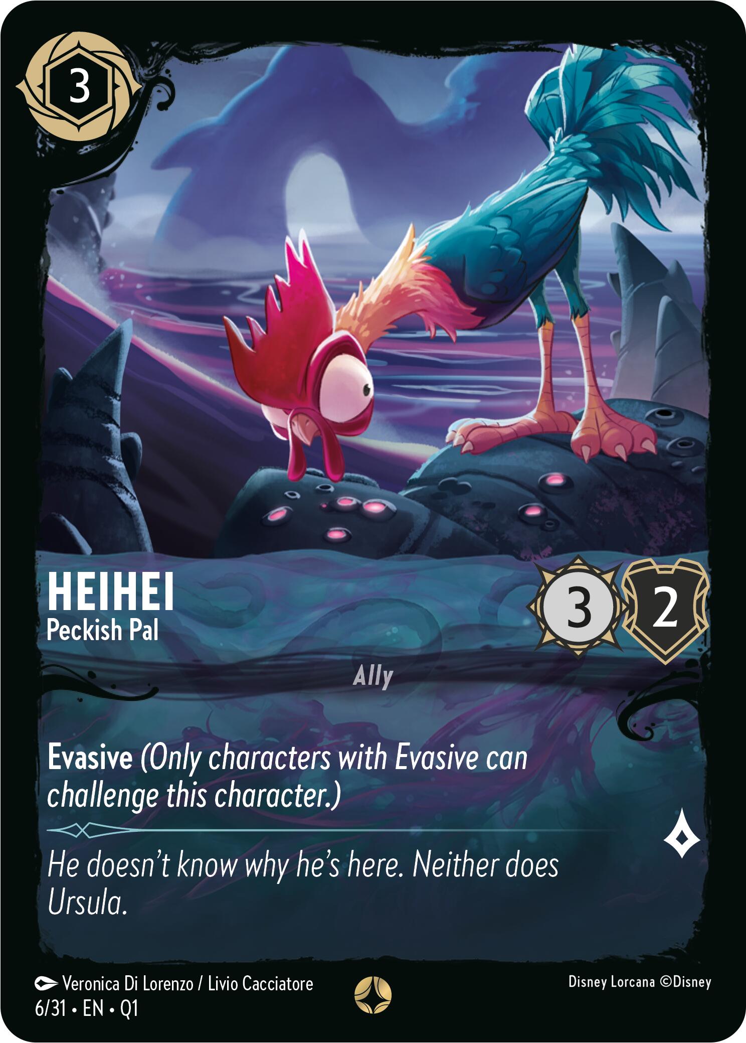 An image of a Disney trading card from the Illumineer's Quest series, featuring HeiHei - Peckish Pal (6/31). HeiHei is depicted as a colorful rooster on a mysterious rocky terrain in the midst of an Illumineer's Quest: Deep Trouble. The card text reads 