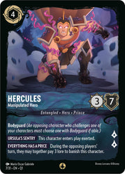 The Disney card titled "Hercules - Manipulated Hero (7/31) [Illumineer's Quest: Deep Trouble]" requires 4 amber ink and is a Common hero featuring 3 strength and 7 willpower. Its special abilities include Bodyguard, Ursula's Sentry (exert when played), and "Everything Has a Price" (opponents can banish this character by paying 3 lore).