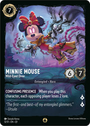 The Disney Lorcana game card titled "Minnie Mouse – Wild-Eyed Diver" (12/31) from the "Illumineer's Quest: Deep Trouble" features Minnie Mouse in a steampunk diving outfit against an underwater background. This 7-cost card boasts 6 strength and 7 willpower, along with the special ability "Confusing Presence." Quoting Ursula, this card is essential for any Illumineer’s quest.