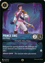 A Disney Lorcana game card titled "Prince Eric - Grim Groom (13/31) [Illumineer's Quest: Deep Trouble]" showcases Prince Eric in a white suit with purple and pink accents, holding a lifebuoy and sword. The card features stats of 2 Strength and 5 Willpower, along with additional text detailing his Bodyguard ability and exerted entrance within the Illumineer's Quest series.