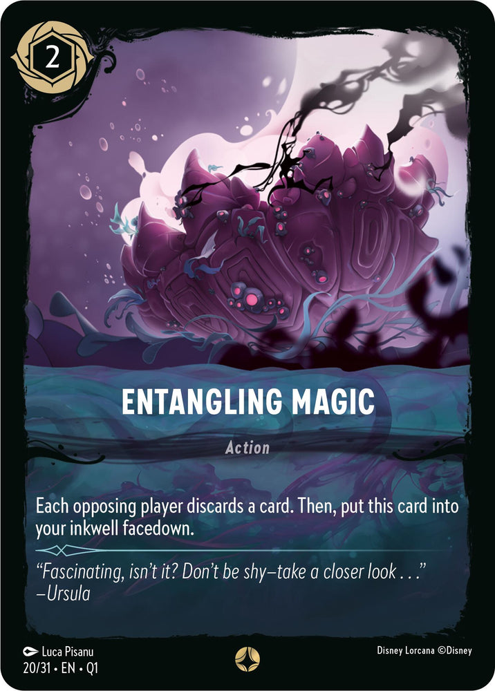 The Disney card "Entangling Magic (20/31) [Illumineer's Quest: Deep Trouble]" from the game Disney Lorcana is depicted. The artwork shows Ursula casting a spell with glowing tentacles against a dark, cloudy sky. The card's text reads, "Each opposing player discards a card. Then, put this card into your inkwell facedown." This scene fits seamlessly within the Illumineer's Quest storyline.