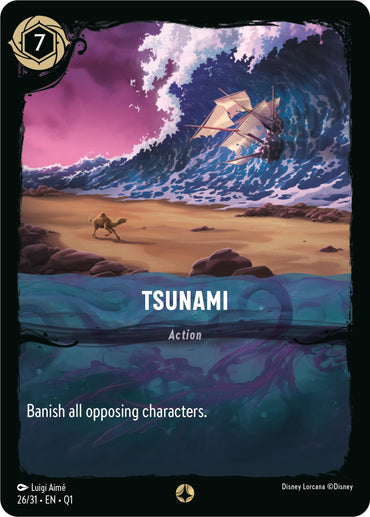 A trading card from Disney's Illumineer's Quest: Deep Trouble, titled "Tsunami" (26/31), features a beach scene overtaken by a massive tsunami wave. In the foreground, a camel walks along the beach, while in the background, a ship tilts in the huge wave. The card reads "Banish all opposing characters" and displays a 7 cost symbol in the top left corner.