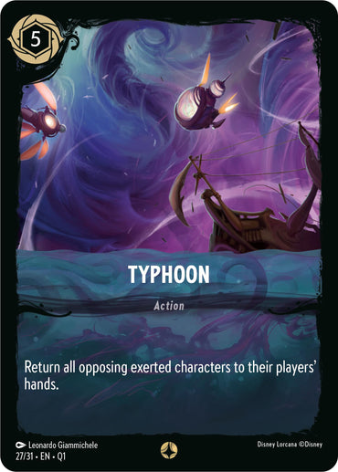 A Disney game card called "Typhoon (27/31)" from the Illumineer's Quest: Deep Trouble series features artwork by Leonardo Giammichele showing a ship battling a large wave with flying ships in the background. This card costs 5 ink and its action returns all opposing exerted characters to their players' hands.