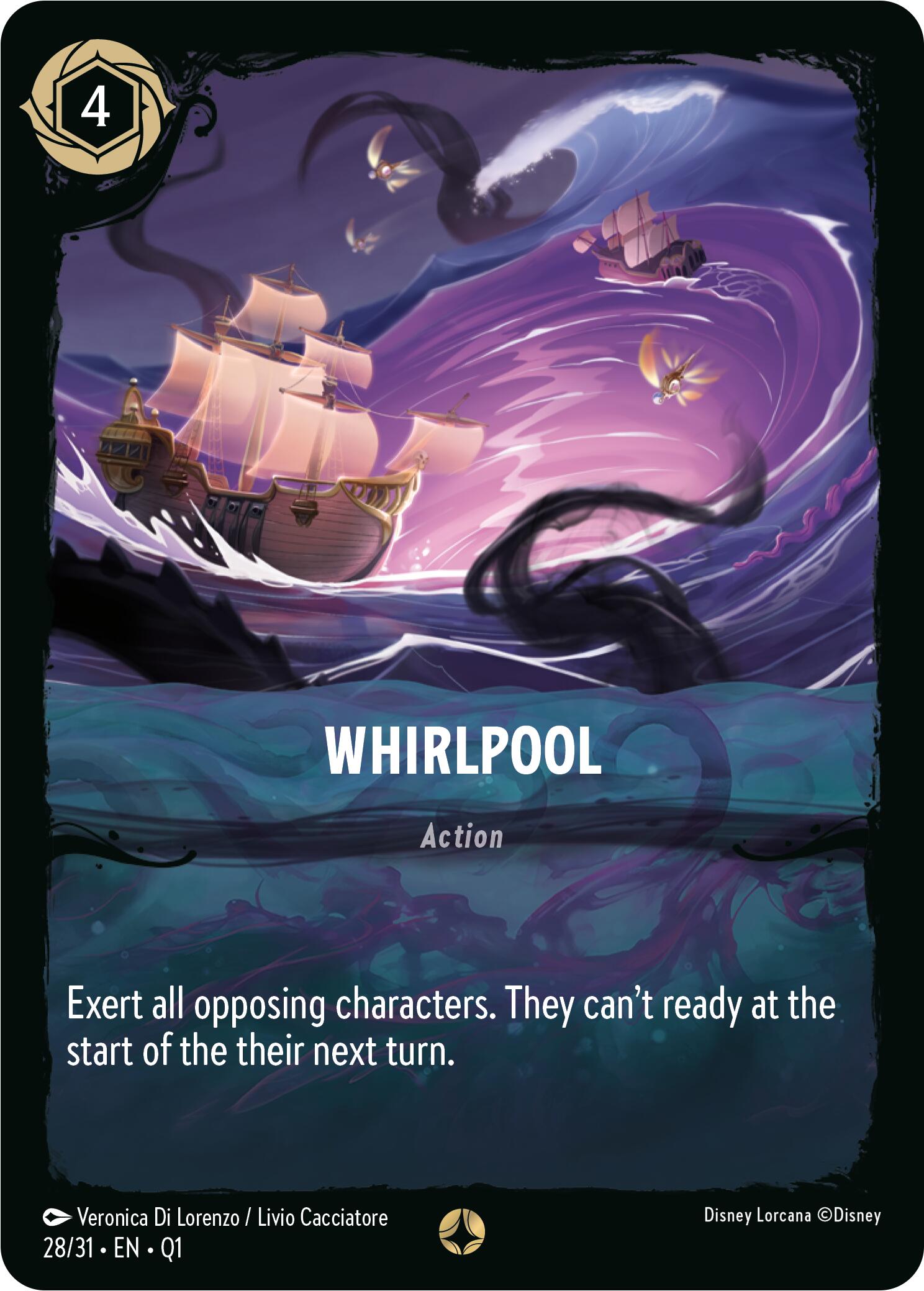 A fantasy card from Disney's Illumineer's Quest: Deep Trouble depicts a whirlpool in a stormy sea. A large sailing ship is being sucked into the whirlpool, with waves crashing around it. Swirling clouds and lightning fill the sky. The card, labeled 