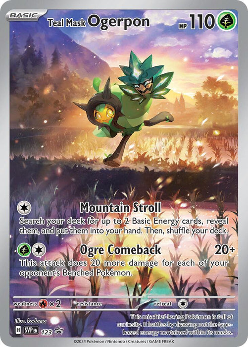 Teal Mask Ogerpon (123) [Scarlet & Violet: Black Star Promos] Pokémon card is a Grass Type with 110 HP. Text details abilities: Mountain Stroll, Ogre Comeback with damage variables. Ogerpon has a teal mask with a green leafy mane and holds a bright pumpkin mask. Silver-card with basic info, SVP 023/123, and part of the Black Star Promos from Scarlet & Violet.
