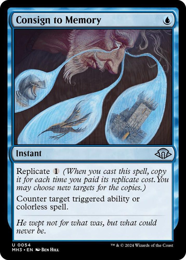 A Magic: The Gathering card titled "Consign to Memory [Modern Horizons 3]" from Magic: The Gathering. The card's border and mana symbol are blue, indicating a blue instant. The artwork depicts an elderly man with a sorrowful expression, and his tears form vials containing a castle and birds. Its text describes its replicate and counter target abilities.