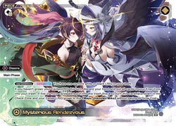 The TOMY anime-style card, titled "Mysterious Rendezvous // Mayu, Unknown Miko (WXDi-P13-003A[EN] // WXDi-P13-003B[EN]) [Concord Diva]," features two female characters in elaborate outfits. Mayu, with purple hair and red details, holds a fan while the other character, a Concord Diva LRIG, has white hair and dark wings. Text instructions are below them along with two logos and the game's theme colors.