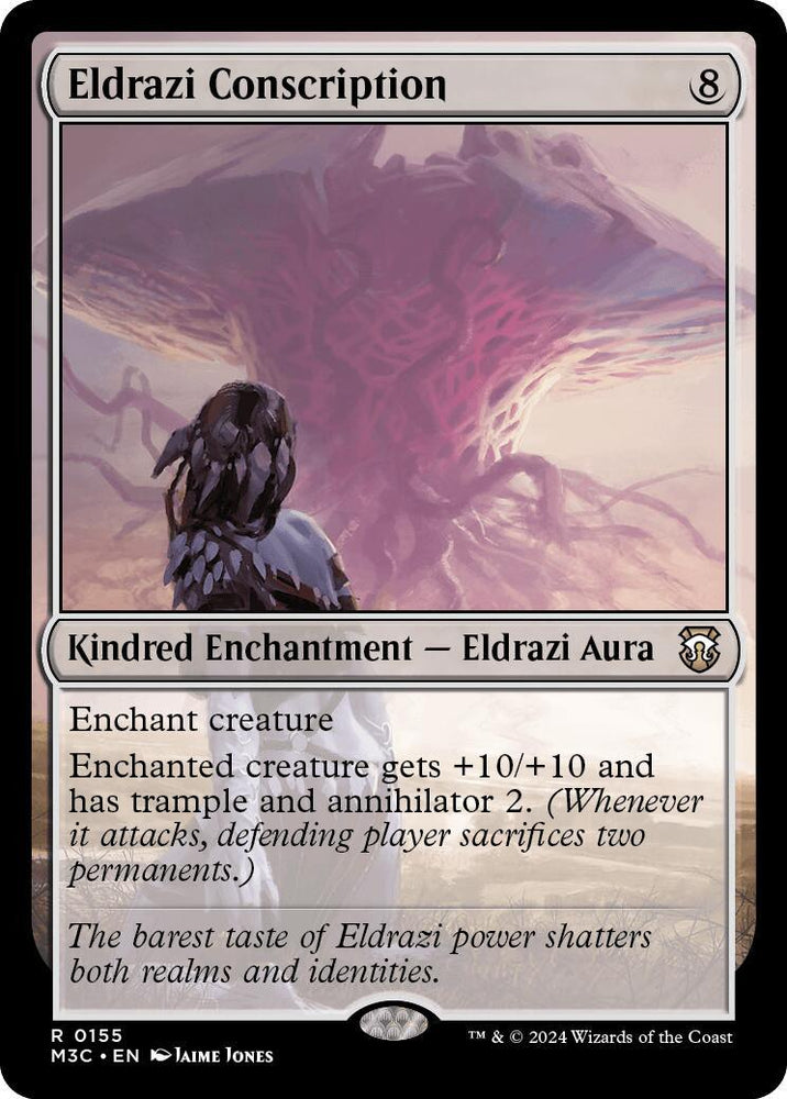 A Magic: The Gathering card titled "Eldrazi Conscription [Modern Horizons 3 Commander]." It is a Tribal Enchantment - Eldrazi Aura from Modern Horizons 3 with a casting cost of 8 colorless mana. The card's art depicts a cloaked figure facing a colossal Eldrazi creature in the background. The card grants +10/+10, trample, and annihilator 2.