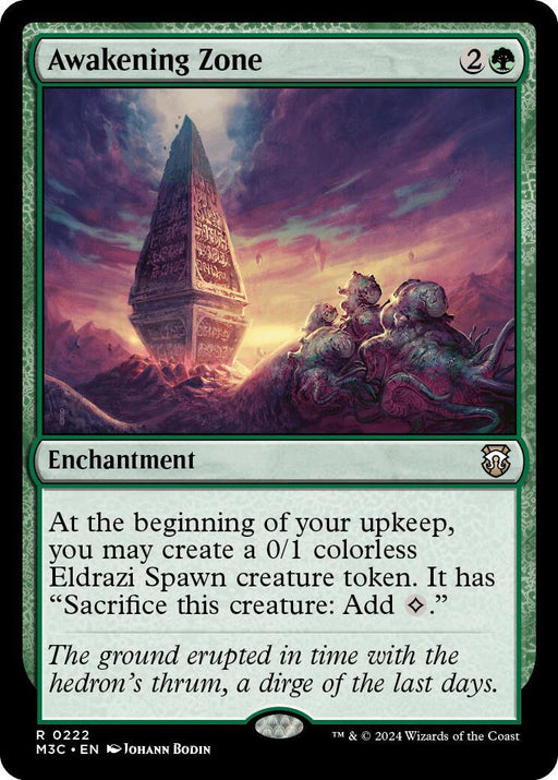 An illustration depicts an otherworldly scene with creatures surrounding a glowing obelisk. The card, titled "Awakening Zone [Modern Horizons 3 Commander]," is an Enchantment from Magic: The Gathering. The text details the card's effects and includes a short atmosphere-setting quote at the bottom.