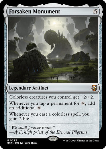 A Magic: The Gathering card titled "Forsaken Monument [Modern Horizons 3 Commander]" from Magic: The Gathering. This legendary artifact costs 5 colorless mana and enhances colorless creatures and spells. The artwork depicts a monumental structure in a misty, eerie landscape, capturing an aura of ancient power.