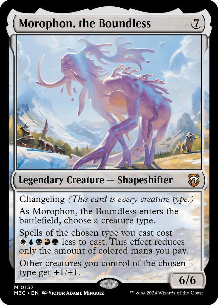 A Magic: The Gathering card titled "Morophon, the Boundless [Modern Horizons 3 Commander]" from Magic: The Gathering. It features a colorful, spectral creature with multiple legs and tendrils, standing on a rocky outcrop. Perfect for Commander, this 6/6 Legendary Creature - Shapeshifter boasts various abilities for casting spells of a chosen creature type.