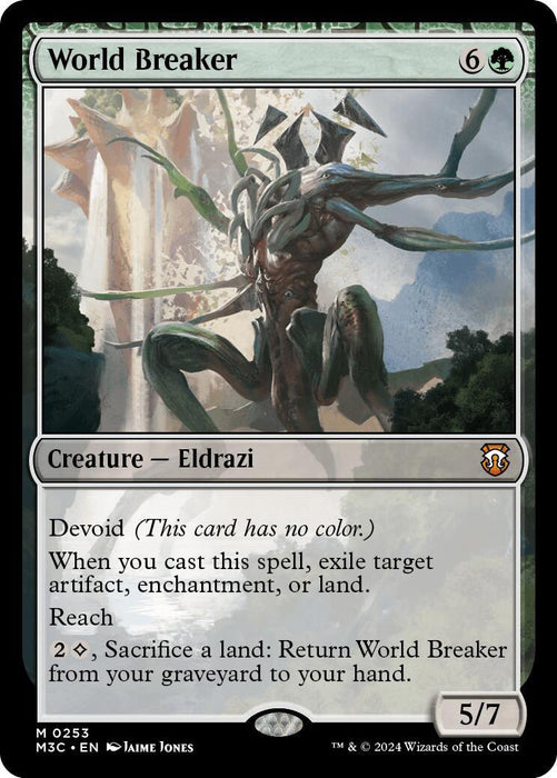 A Magic: The Gathering card titled "World Breaker [Modern Horizons 3 Commander]" features an Eldrazi creature with a massive, tentacle-like structure and an otherworldly appearance. With a cost of 6 and 1 green mana, this powerful Commander boasts Devoid, exile effects, and the ability to return from the graveyard. Power/toughness: 5/7.