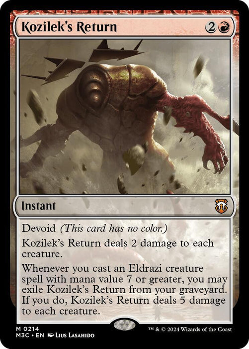 Image of a Magic: The Gathering card titled "Kozilek's Return [Modern Horizons 3 Commander]." The card displays an image of an Eldrazi creature with a twisted pink head and large, armored body in a desolate landscape. The text on the card describes its abilities, including dealing damage to creatures and returning from the graveyard.