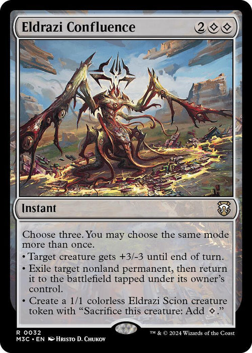 The image shows the "Eldrazi Confluence [Modern Horizons 3 Commander]" Magic: The Gathering card. This rare instant spell, costing 2 generic and 2 black mana, features a monstrous Eldrazi surrounded by other creatures. It offers three selectable effects, which can be chosen up to three times.