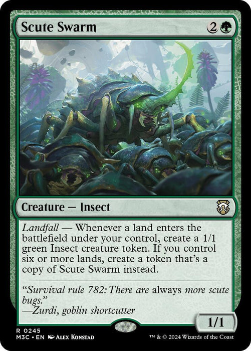 The image is of the Magic: The Gathering card "Scute Swarm [Modern Horizons 3 Commander]" from Modern Horizons 3. It showcases a swarming mass of green and brown insect creatures. The card costs 2G to play, has a landfall ability to create insect tokens, and becomes a copy if six or more lands are controlled. Illustrated by Alex Konstad.