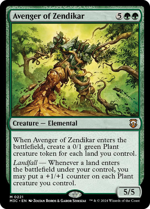 A Magic: The Gathering card, "Avenger of Zendikar [Modern Horizons 3 Commander]," from Modern Horizons 3 Commander, costs 5 generic and 2 green mana. This Elemental creature has 5 power and toughness. Featuring a tree-like elemental in its art, the card's landfall abilities create Plant tokens and grant them +1/+1 counters.