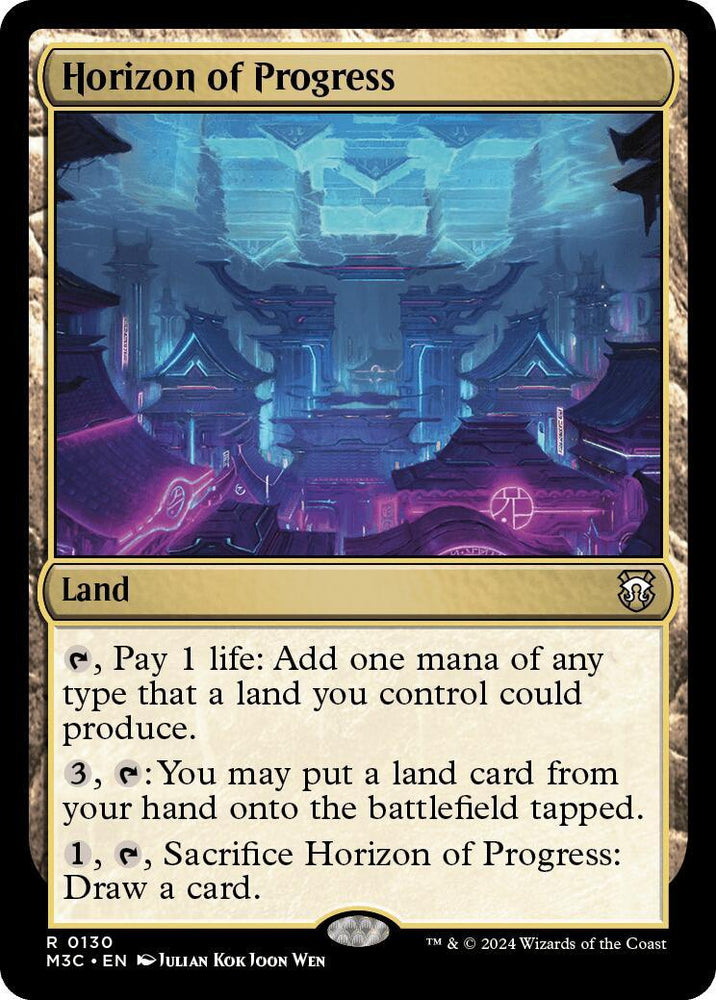 A Magic: The Gathering card named "Horizon of Progress [Modern Horizons 3 Commander]," illustrated by Julian Kok Joon Wen. This Rare Land from Modern Horizons 3 features a glowing, futuristic cityscape bathed in hues of blue and purple. It has abilities to add mana, put a land card on the battlefield, and draw a card by paying costs.