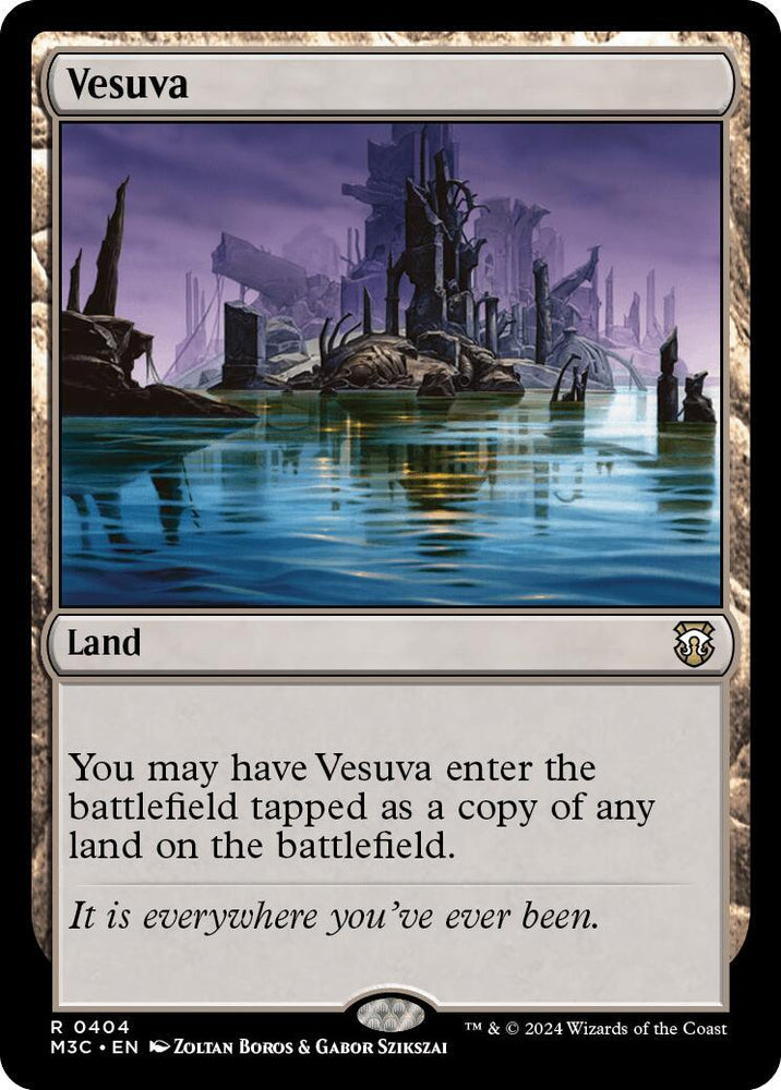 An image of the Magic: The Gathering card "Vesuva [Modern Horizons 3 Commander]" from Modern Horizons 3. This desolate, waterlogged landscape features eerie, jagged rock formations. Vesuva [Modern Horizons 3 Commander] is a land card with the text: "You may have Vesuva [Modern Horizons 3 Commander] enter the battlefield tapped as a copy of any land on the battlefield." Ideal for Commander decks.
