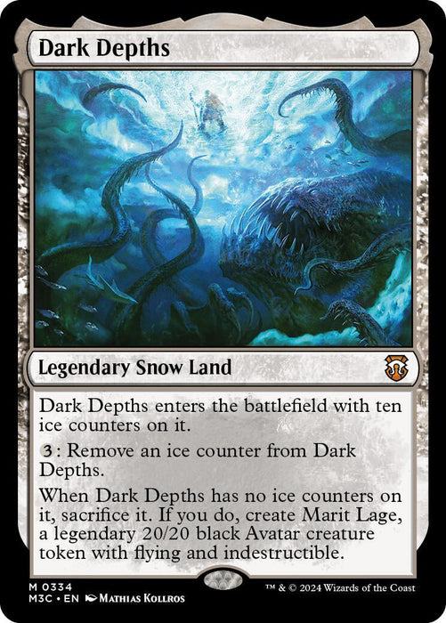 A Magic: The Gathering card titled "Dark Depths [Modern Horizons 3 Commander]". It's a Legendary Snow Land with ten ice counters upon entering the battlefield. A 3 mana cost can remove an ice counter. When none remain, it transforms into Marit Lage, a 20/20 black Avatar creature token with flying and indestructible traits.