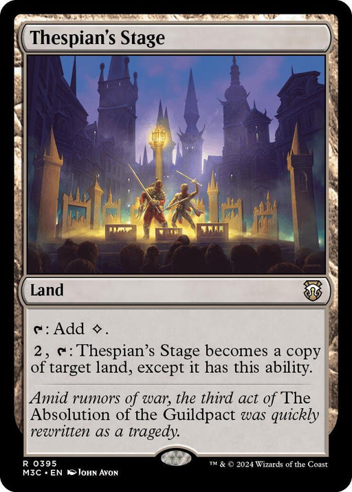 A Magic: The Gathering card titled "Thespian's Stage [Modern Horizons 3 Commander]" from Magic: The Gathering. This rare land card allows mana generation and mimics another land's abilities for 2 mana. The artwork depicts a dramatic scene on a stage set against a dark, Gothic cityscape, with flavor text narrating a tragic event.