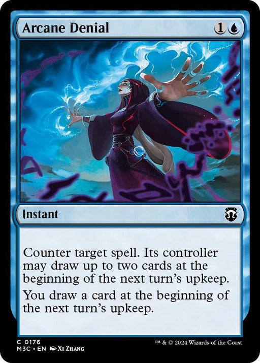 The image shows a Magic: The Gathering card titled "Arcane Denial [Modern Horizons 3 Commander]." It is a blue-colored instant spell that costs 1 generic mana and 1 blue mana. Perfect for Commander, the card's art depicts a robed figure casting a spell with runes and magical energy swirling around. The text box explains the card's effects.