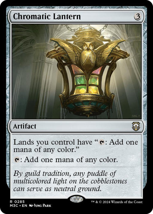 A rare Magic: The Gathering card titled "Chromatic Lantern [Modern Horizons 3 Commander]," featured in Modern Horizons 3 Commander. This artifact card costs 3 mana and depicts an ornate lantern emitting a multicolored glow. It grants lands the ability to produce mana of any color and itself taps to add one mana of any color, from Magic: The Gathering.