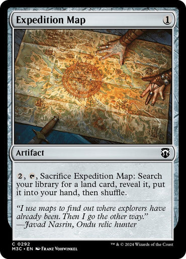 A Magic: The Gathering card named **Expedition Map [Modern Horizons 3 Commander]** from **Magic: The Gathering**. This artifact, with a casting cost of 1, allows players to search their library for a land card for 2 mana and tapping the card. The art depicts hands navigating an ancient map, with flavor text by Javad Nasrin.