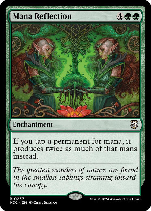 The Magic: The Gathering card "Mana Reflection [Modern Horizons 3 Commander]" from Magic: The Gathering features green borders, costs four generic and two green mana, and is an Enchantment. Its art shows two elven figures mirroring each other, touching glowing green runes. Text: "If you tap a permanent for mana, it produces twice as much of that mana instead." Flavor text: "The greatest wonders